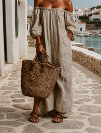 Malin| Luftiges Maxikleid mit langen Ärmeln - Beige