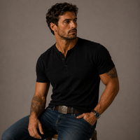 Raymond | Herren Relaxed Kurze Ärmel Henley T-Shirt - Schwarz