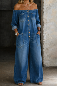 Elena | Off-Shoulder Jumpsuit mit langen Ärmeln - Blau