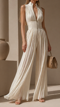 Greta | Plissierter Jumpsuit mit tiefem Ausschnitt - Weiß