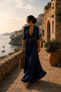Mathilda | Drapiertes Kleid mit Gürtel - Marineblau