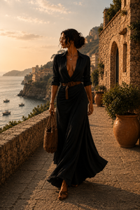 Mathilda | Drapiertes Kleid mit Gürtel - Schwarz