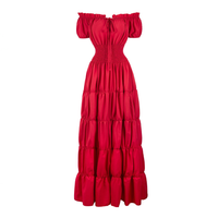 Margaret - Damen Maxikleid mit schulterfreiem Design und gestuftem Rock mit gerafftem Bund - Cranberryrot