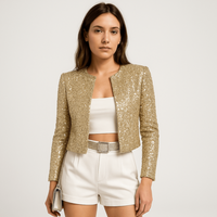 Damen Abendjacke Festlich Pailletten Strukturierter Blazer - Gold