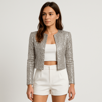 Damen Abendjacke Festlich Pailletten Strukturierter Blazer - Silber
