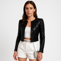Damen Abendjacke Festlich Pailletten Strukturierter Blazer - Schwarz