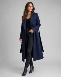 Damen Eleganter Trenchcoat mit Gürtel Lang Schnitt Wintermantel Stilvoll - Marine