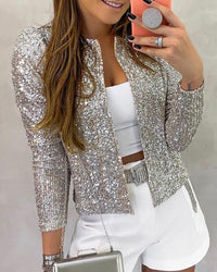 Damen Funkelnder Partyblazer Offenes Design Pailletten - Silber