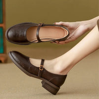 Damen Mary-Jane Ballerinas mit verstellbarem Riemen und niedrigem Blockabsatz elegant - Braun