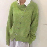 Damen Strickjacke Oversized Cardigan mit asymmetrischer Knopfleiste für Herbst und Winter - Grün
