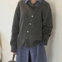 Damen Strickjacke Oversized Cardigan mit asymmetrischer Knopfleiste für Herbst und Winter - Grau