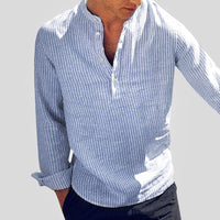 Henley-Hemd aus Baumwollstrickstruktur-Leinenmischung mit Bandkragen - Blau