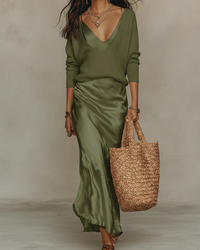Nelena - Elegantes Midikleid Mit Pullover - Armeegrün