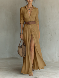 Sewmini - Leinen Maxikleid Mit Reverskragen - Braun