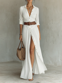 Odette | Damen Langes Maxi Kleid Gekerbter Kragen Langarm – Gekerbter Kragen Maxi - Weiß