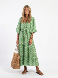 Apolline | Midi-Kleid mit dreiviertel Ärmeln und V-Ausschnitt im Muster - Grün