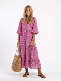 Apolline | Midi-Kleid mit dreiviertel Ärmeln und V-Ausschnitt im Muster - Lila