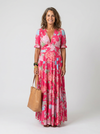 Ione | Kurzarm V-Ausschnitt Blumenkleid Midi - Pink