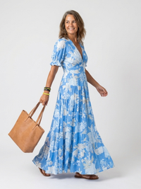 Ione | Kurzarm V-Ausschnitt Blumenkleid Midi - Himmelblau