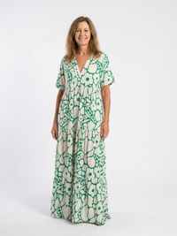 Zuleika | Kurzärmliges V-Ausschnitt Blumen-Midi-Kleid - Grün