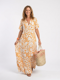 Zuleika | Kurzärmliges V-Ausschnitt Blumen-Midi-Kleid - Orange