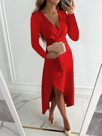 Damen Elegantes Taillierter V-Ausschnitt Midikleid - Rot