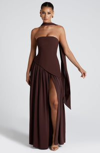 Lina | Damen Bandeau Seitenschlitzen Hochzeitsgastkleid - Braun