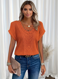 Elegante Spitzenbluse mit Rundhalsausschnitt und kurzen Ärmeln – Isabella - Orange