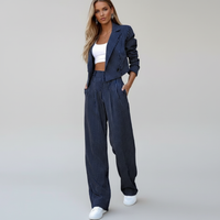 Regina | Damen gestreifter Blazer & weite Hose Set - Marineblau