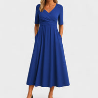 Elegantes Midikleid für Frauen - V-Ausschnitt, Ellbogenlange Ärmel, Praktische Taschen - Blau