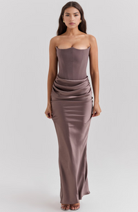 Damen Strapless Korsett Bodycon Maxikleid - Braun