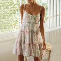 Damen Sommerkleid Rüschen Blumenmuster Spaghettiträger - Grau