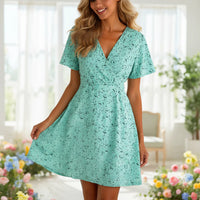 Damen Sommerkleid Floral Wickel Kurzarm Freizeitkleid - Grün