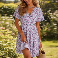 Damen Sommerkleid Floral Wickel Kurzarm Freizeitkleid - Lila