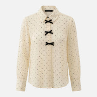 Petra | Damen Fließende Tupfenbluse Schleifenkragen – Polka Dot Bluse Schleife - Apricot Dot