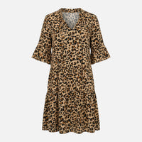 Waltraud | Damen Fließendes Midikleid Leoparden V-Ausschnitt – Leo Midi Kleid - Gelb