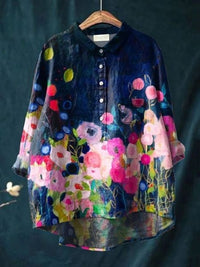 Rosa | Aquarell Blumen Oversized Hemdbluse - Blau-Rosa