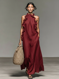 Lua | Damen Halterloses ärmelloses Maxikleid mit Rüschen - Rot