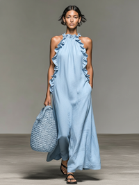 Lua | Damen Halterloses ärmelloses Maxikleid mit Rüschen - Hellblau