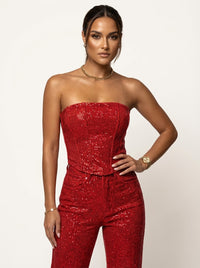 Glitzerndes zweiteiliges Set mit trägerlosem Oberteil und High-Waist-Hose - Rot