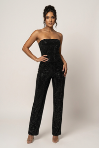 Glitzerndes zweiteiliges Set mit trägerlosem Oberteil und High-Waist-Hose - Schwarz