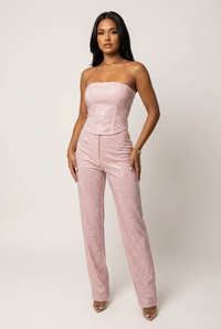 Glitzerndes zweiteiliges Set mit trägerlosem Oberteil und High-Waist-Hose - Rosa