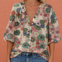 Bedruckte Bluse mit V-Ausschnitt und Knopfverschluss für Damen | Mireya - Grün