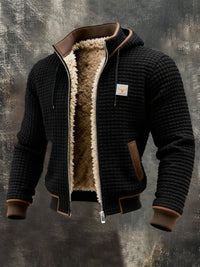 Herren Steppjacke mit Kapuze und Lederdetails, warm gefüttert für kalte Tage - Schwarz
