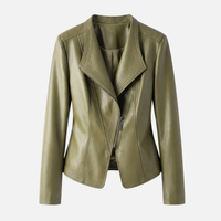 Yvette | Damen Hochglänzende Taillierte Kunstlederjacke Breites Revers – PU Leder Jacke - Grün