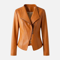 Yvette | Damen Hochglänzende Taillierte Kunstlederjacke Breites Revers – PU Leder Jacke - Orange