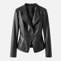 Yvette | Damen Hochglänzende Taillierte Kunstlederjacke Breites Revers – PU Leder Jacke - Schwarz