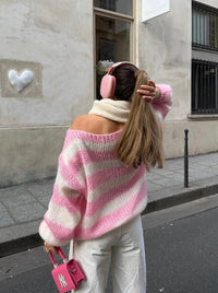 Alina | Lässiger gestreifter Damen-Strickpullover - Rosa
