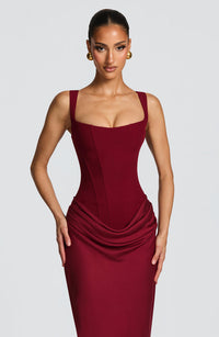 Elena | Damen Maxikleid Sanduhr-Silhouette – Taillenbetontes Maxi Kleid - Burgundy