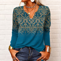Katharina - Langarm-Boho-Bluse mit V-Ausschnitt - Blau